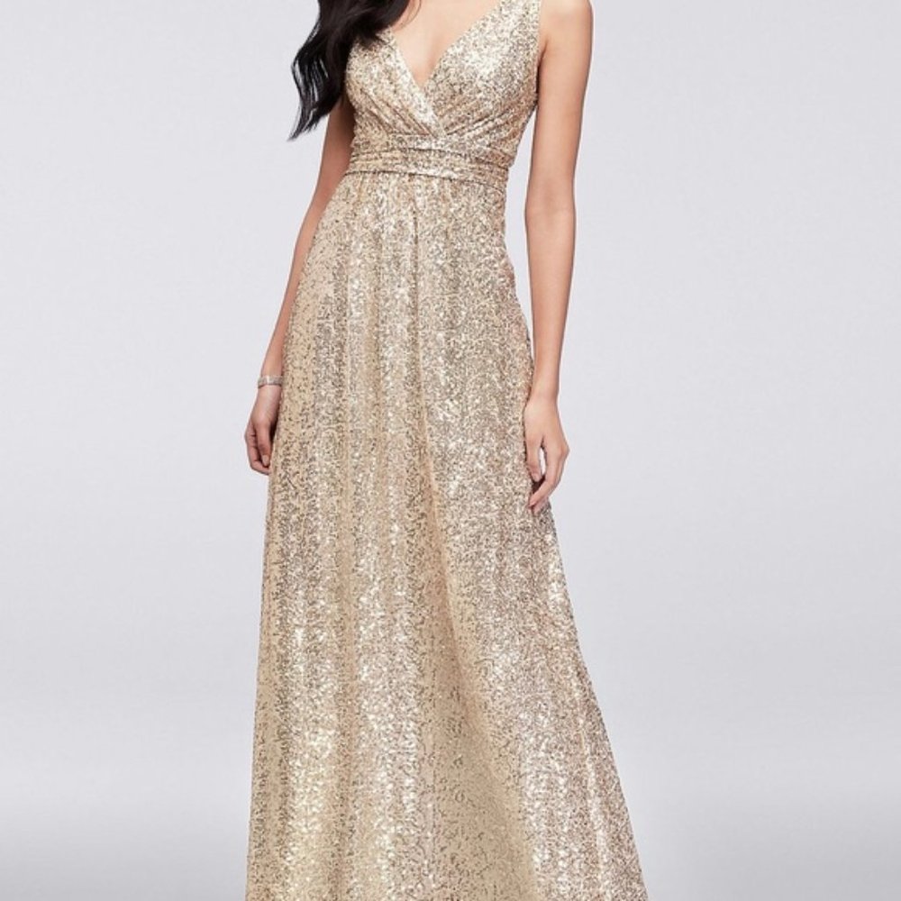 SEQUIN V-NECK BRIDESMAID DRESS WITH SATIN PIPING,GOLD,Sz 6